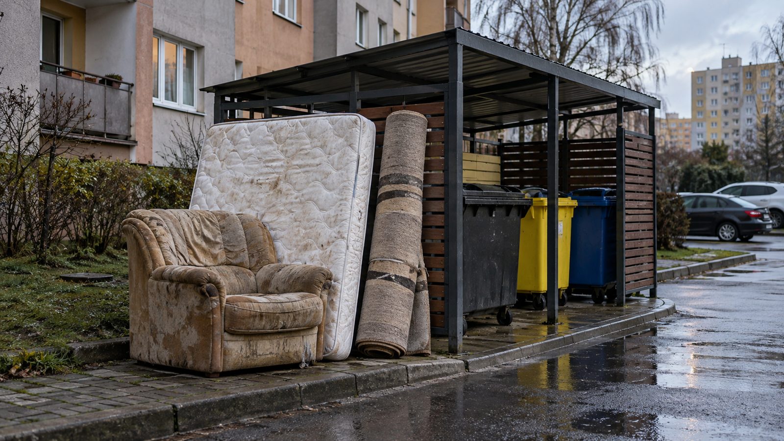 Stare meble i materac wystawione przy osiedlowej wiacie śmietnikowej (zdjęcie poglądowe)