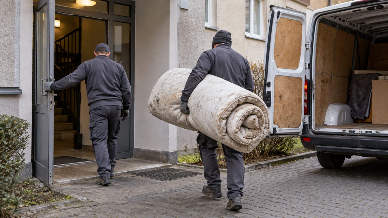 Wynoszenie zwiniętego materaca z klatki schodowej do busa (zdjęcie poglądowe)