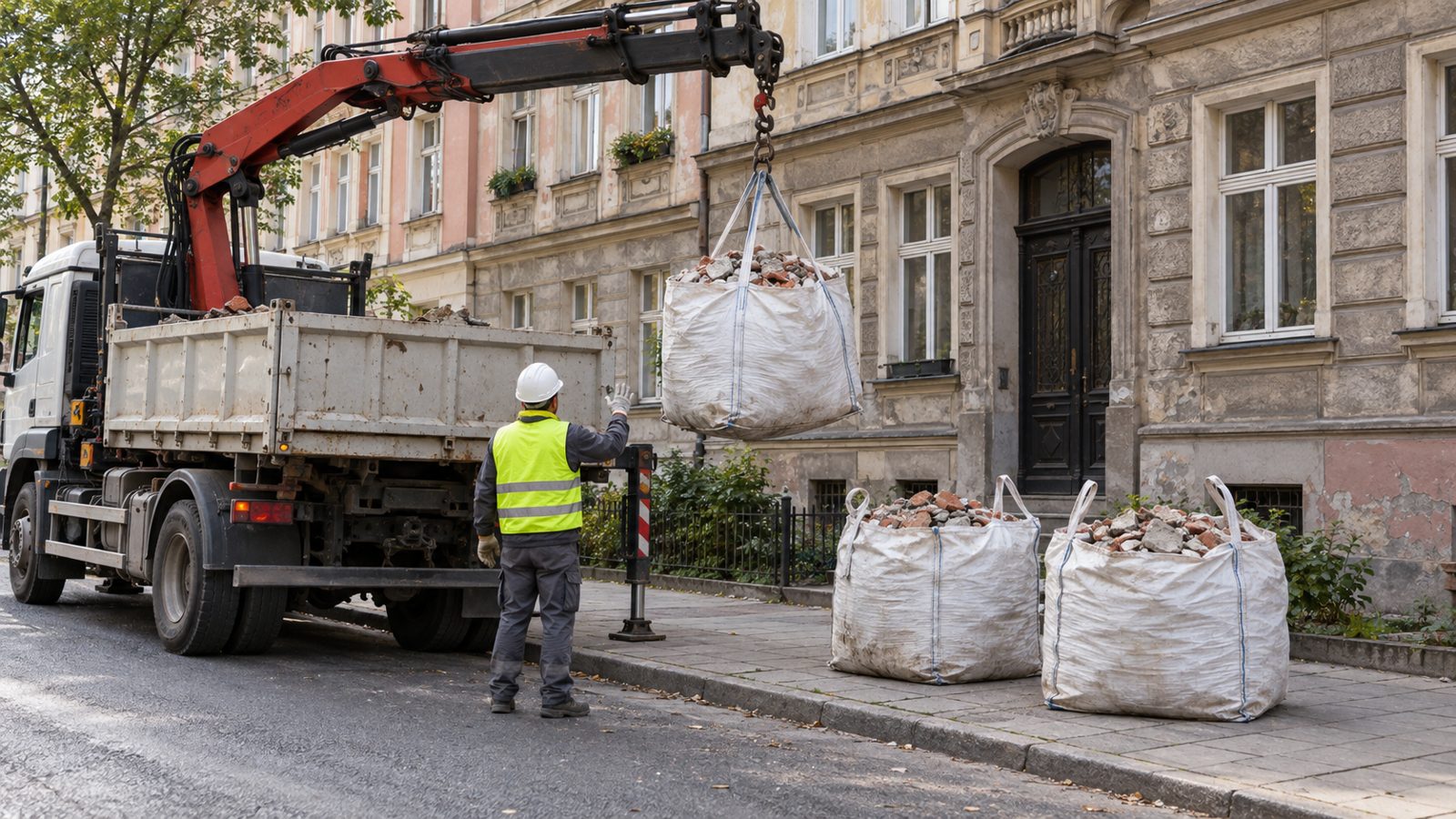 Worki big bag z gruzem przed kamienicą i załadunek dźwigiem (zdjęcie poglądowe)