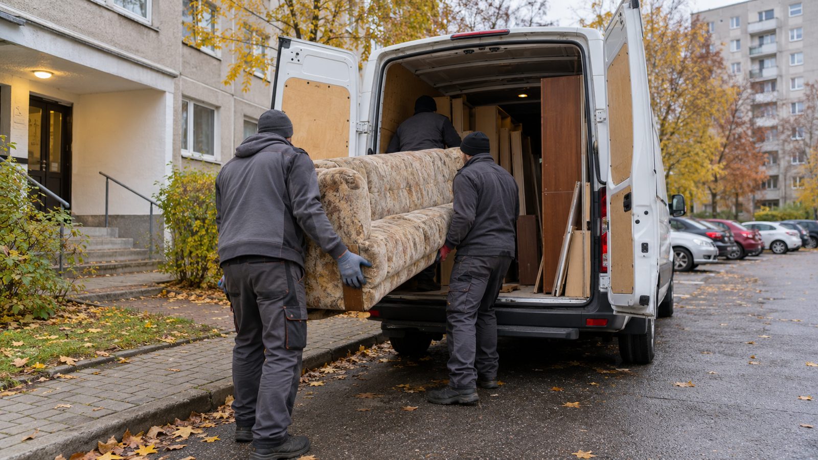 Załadunek starej kanapy i meblościanki do busa pod blokiem (zdjęcie poglądowe)