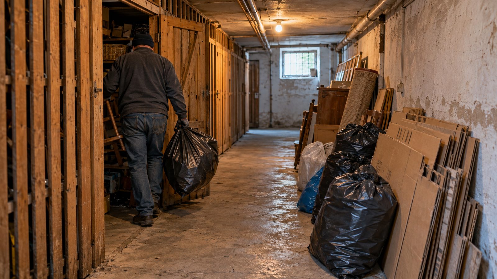 Wynoszenie worków z korytarza piwnicznego w bloku (zdjęcie poglądowe)
