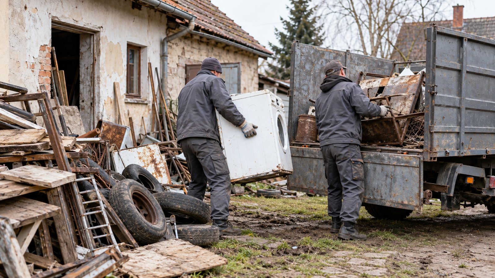 Załadunek złomu i gratów z podwórka na przyczepę (zdjęcie poglądowe)