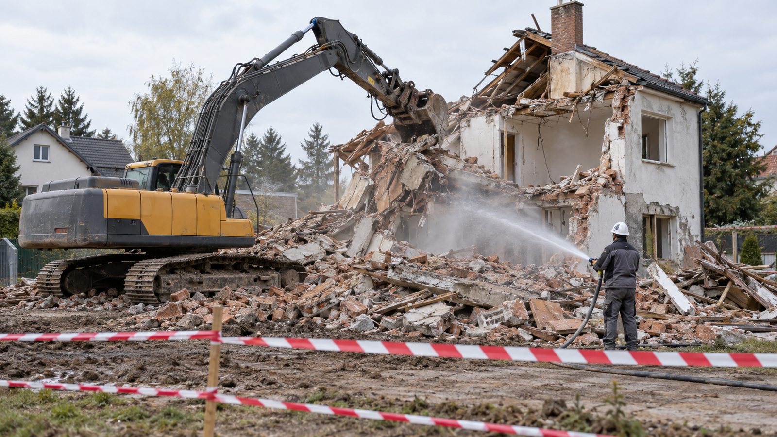 Rozbiórka starego domu koparką ze zraszaniem gruzu wodą (zdjęcie poglądowe)