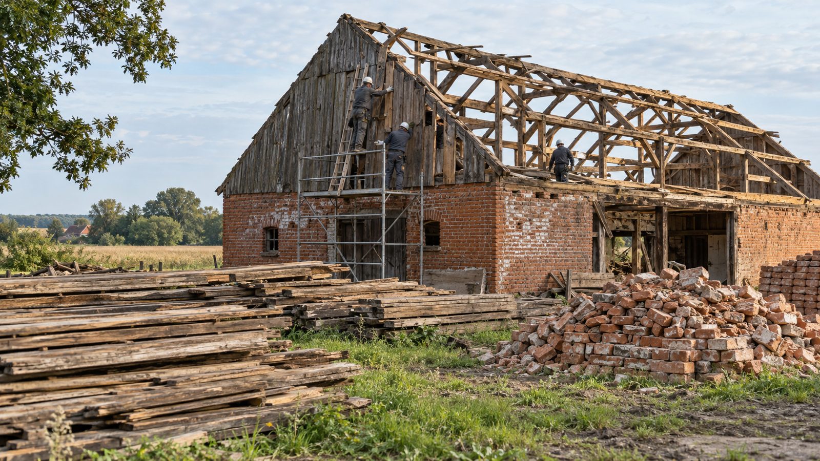 Rozbiórka starej stodoły, deski i cegły ułożone na stosach (zdjęcie poglądowe)