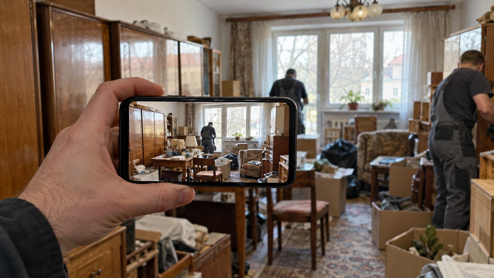 Zdjęcie zagraconego pokoju robione telefonem do wyceny (zdjęcie poglądowe)